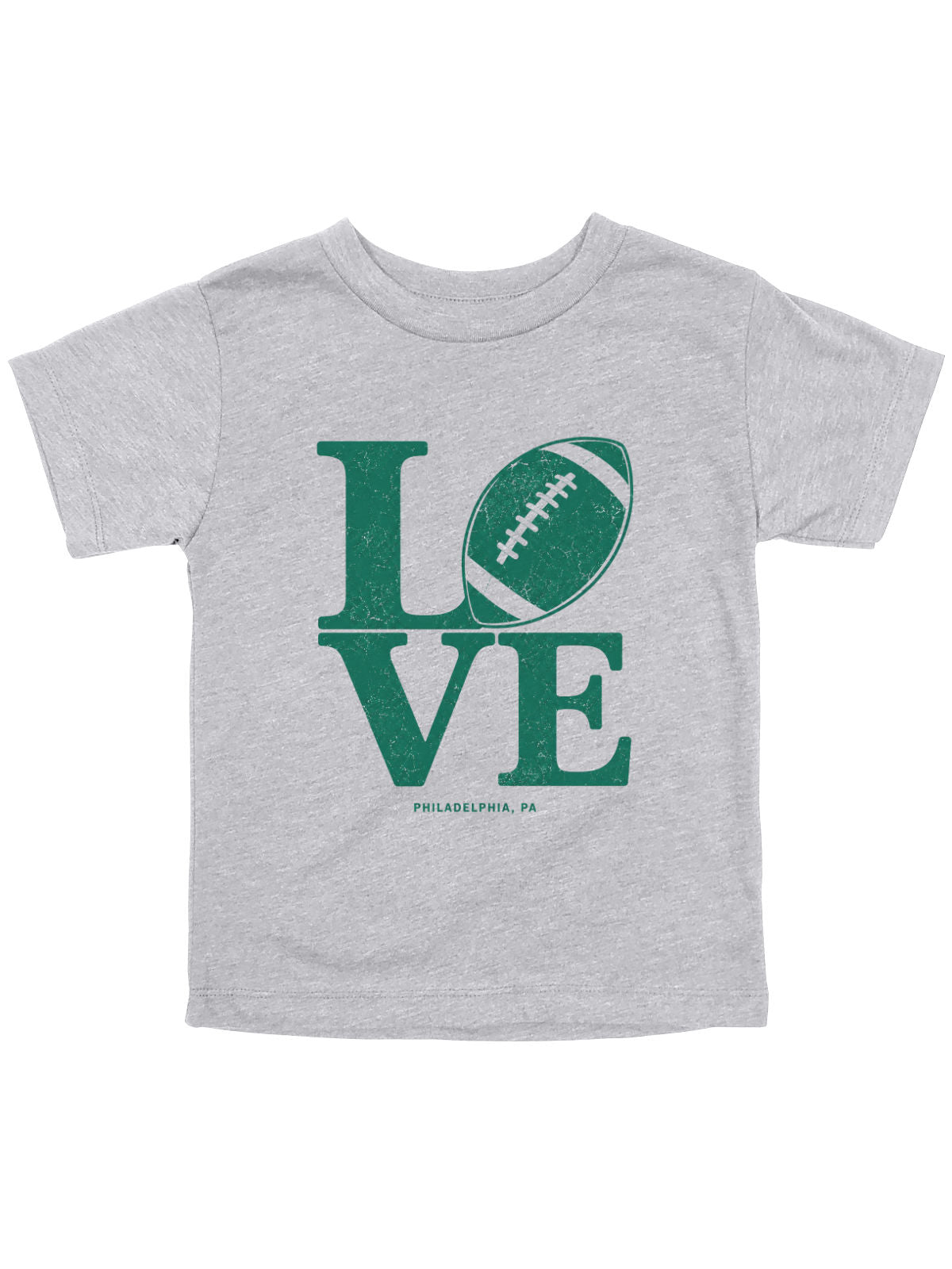 A white short-sleeve crewneck t-shirt featuring a distressed green graphic that spells 'LOVE' with a football representing the letter 'O', and 'PHILADELPHIA, PA' printed below.