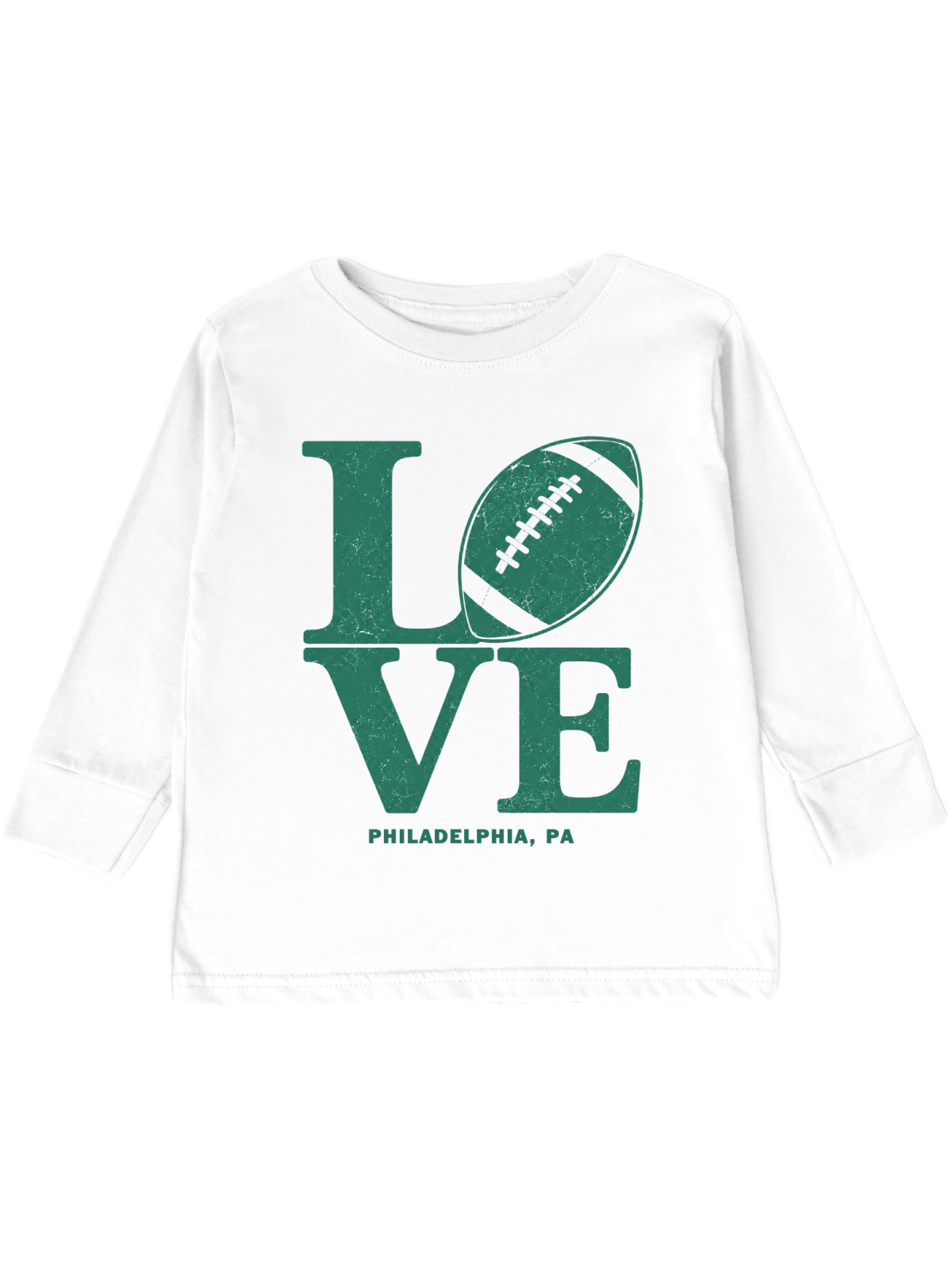 A white short-sleeve crewneck t-shirt featuring a distressed green graphic that spells 'LOVE' with a football representing the letter 'O', and 'PHILADELPHIA, PA' printed below.