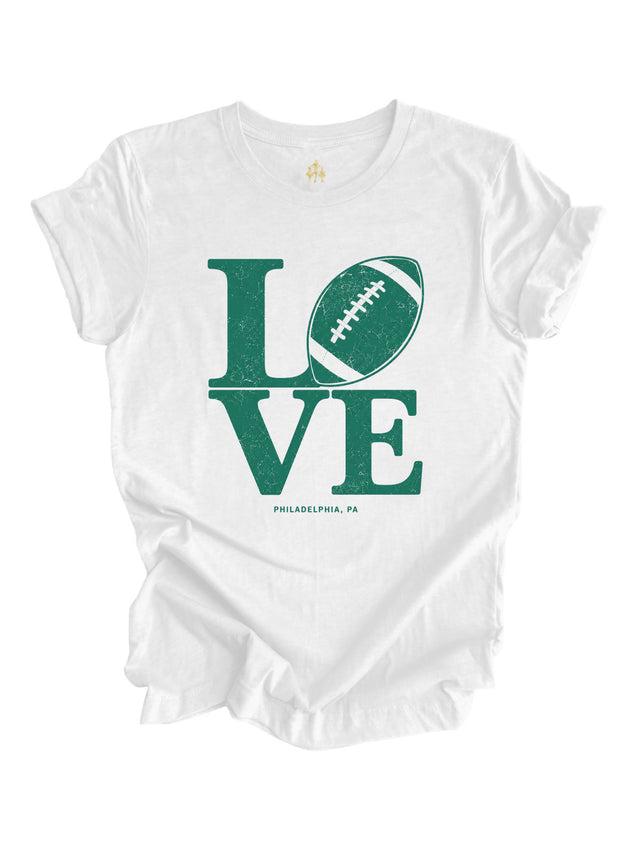 LOVE Football Philadelphia shirt in white featuring a distressed vintage football graphic for Philly football fans.