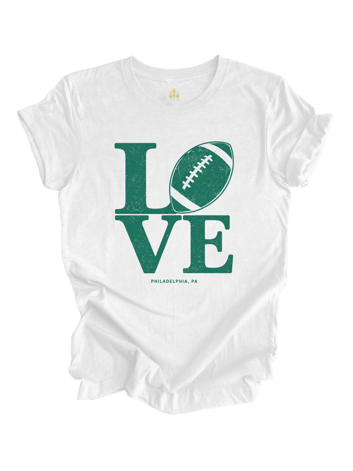 LOVE Football Philadelphia shirt in white featuring a distressed vintage football graphic for Philly football fans.