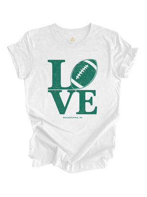 LOVE Football Philadelphia shirt in white featuring a distressed vintage football graphic for Philly football fans.
