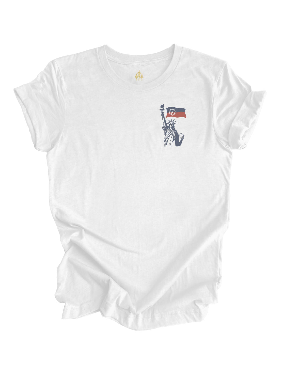 White adult Juneteenth shirt with small Lady Liberty and Juneteenth flag graphic on the front