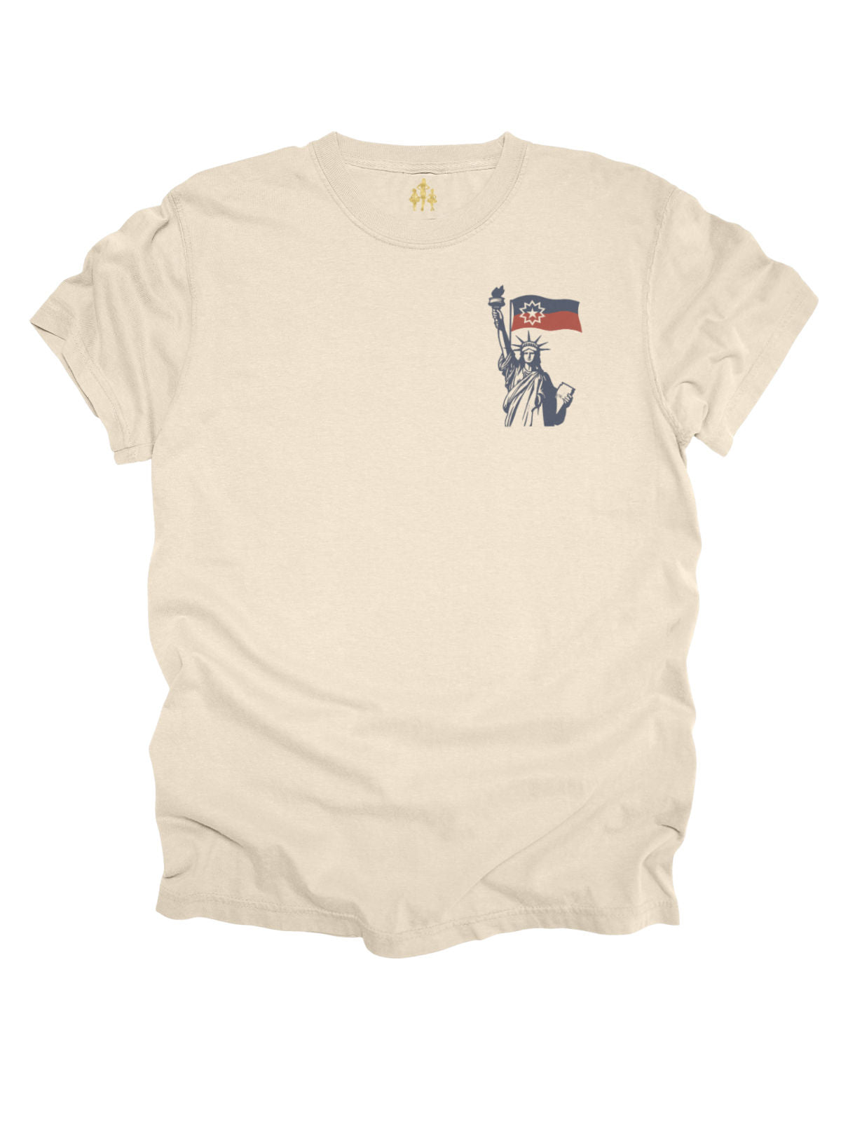 Lady Liberty Juneteenth adult shirt in cream with front pocket-style flag graphic and back design reading “She Was Always Ours.”