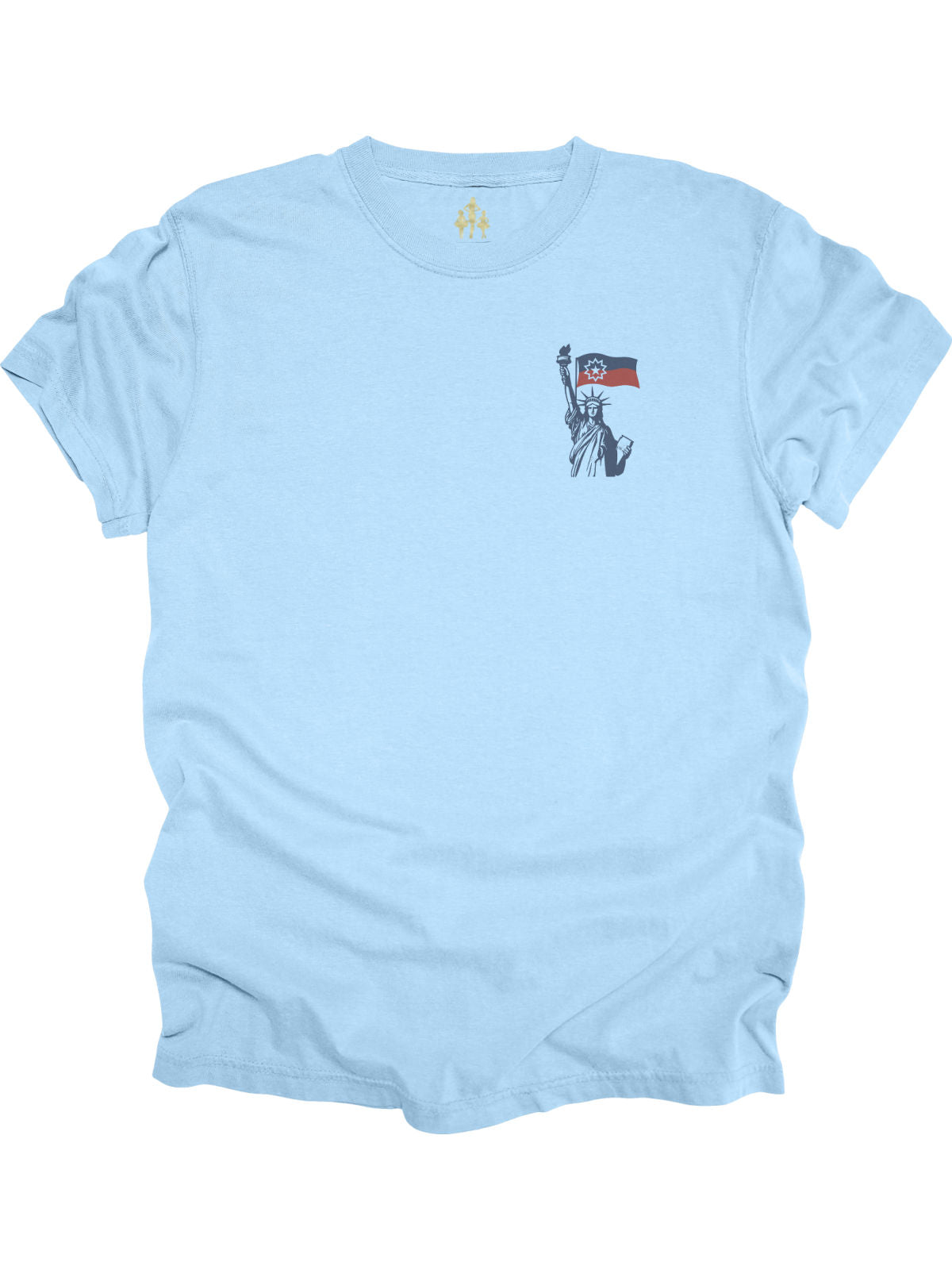 Front and back view of She Was Always Ours Lady Liberty Juneteenth shirt in light blue