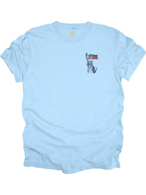 Lady Liberty Juneteenth flag design on light blue unisex adult t-shirt