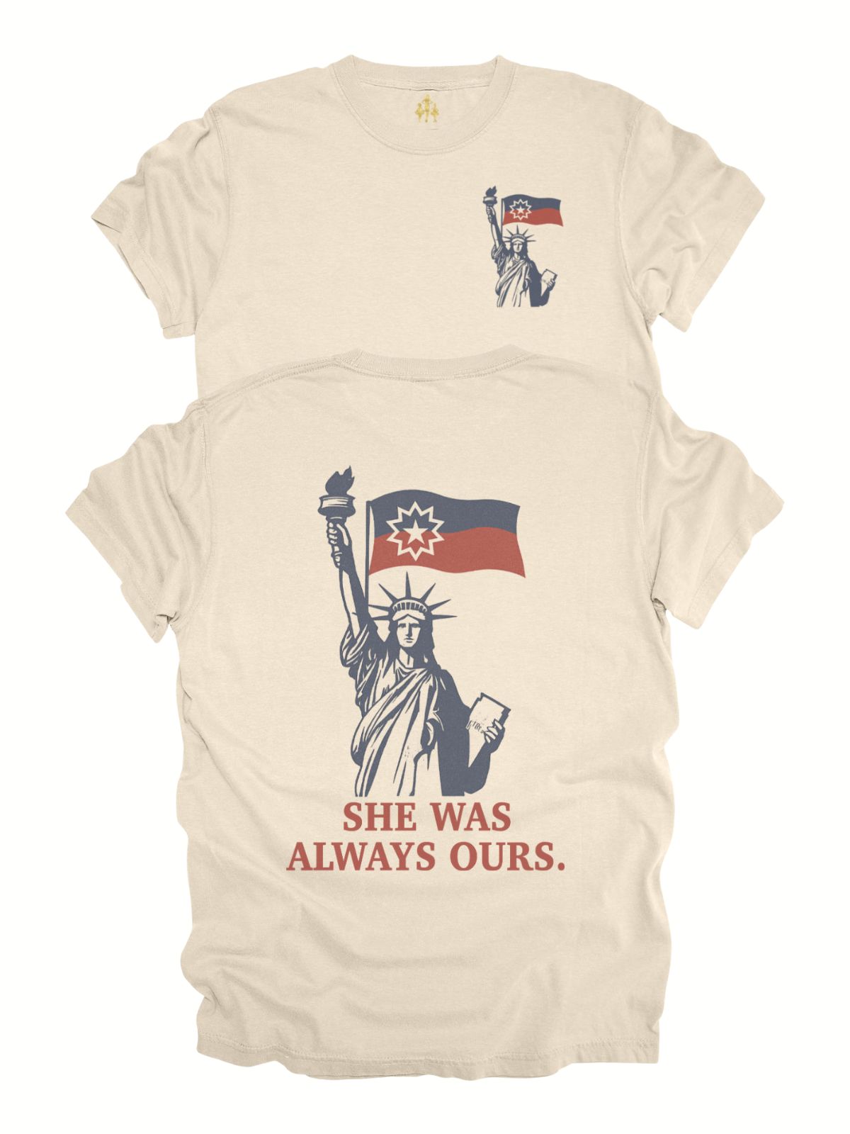 Lady Liberty Juneteenth adult shirt in cream with front pocket-style flag graphic and back design reading “She Was Always Ours.”