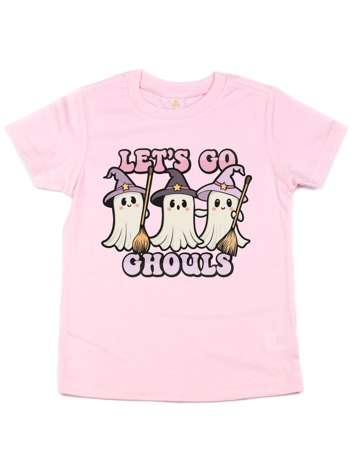Let's Go Ghouls Kids Ghost Witches Halloween Shirt in Pink