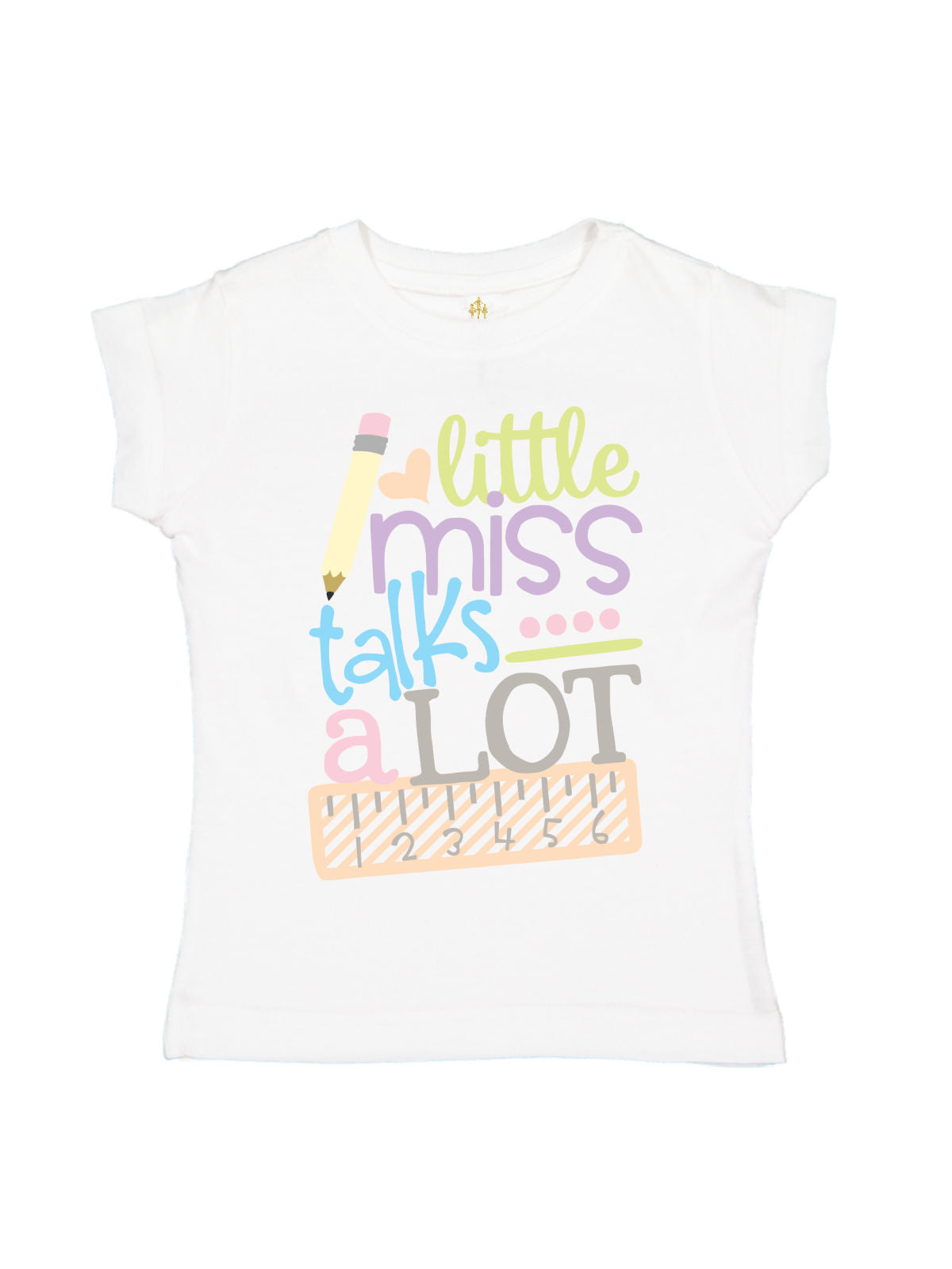 White girls t-shirt with pastel text that reads “Little Miss Talks A Lot” with pencil and ruler – back to school shirt by Mackenzie Madison of Philadelphia