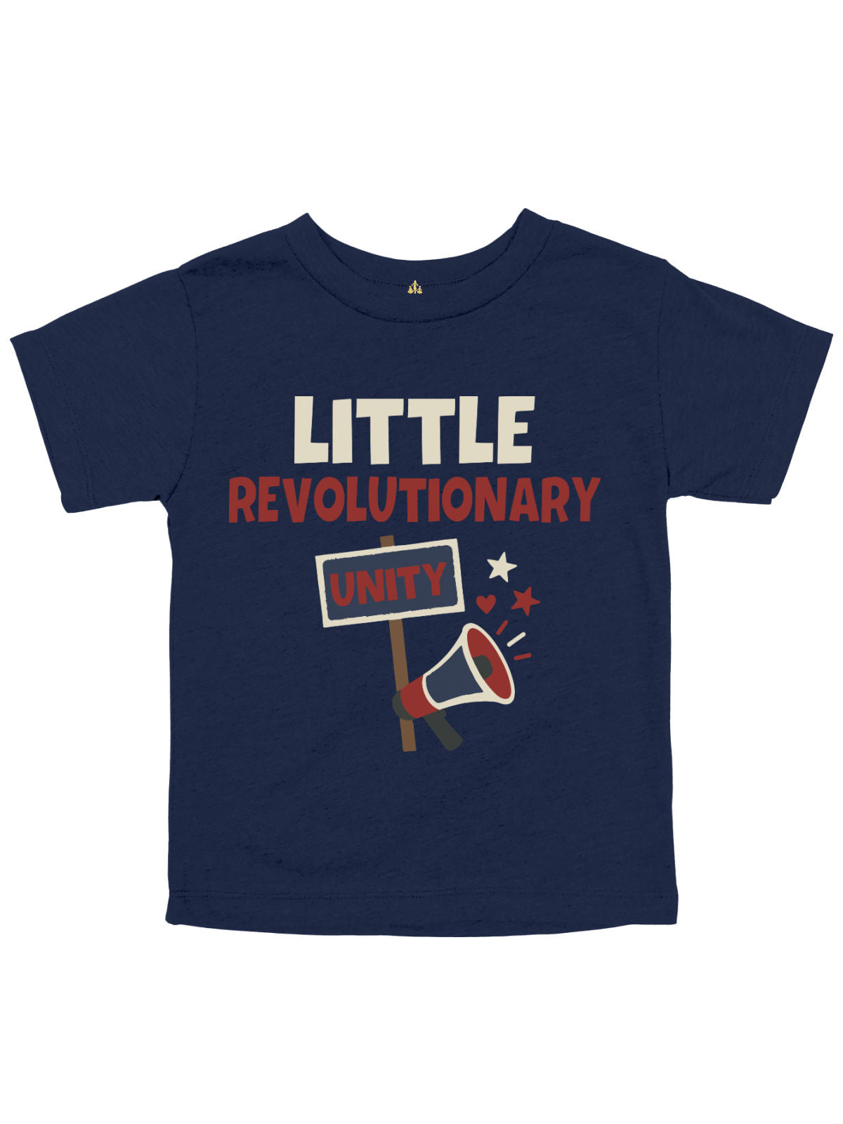 Navy kids Juneteenth shirt with “Little Revolutionary” text, UNITY sign, and megaphone graphic