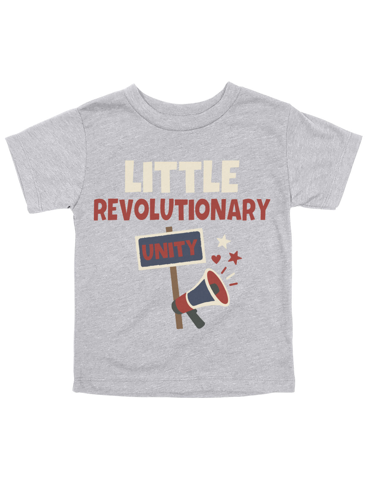 Heather gray kids Juneteenth shirt with “Little Revolutionary” text, protest sign reading "Unity," and megaphone graphic.