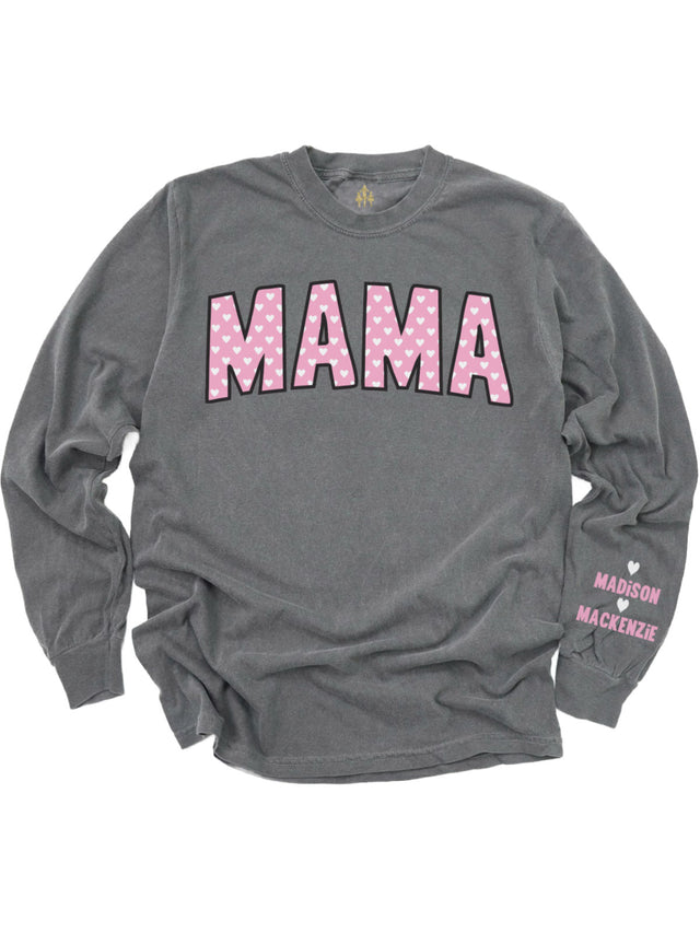 Gray long sleeve "MAMA" shirt with pink heart design, personalized with "Madison ♥ Mackenzie" on the sleeve, displayed flat on a white background.