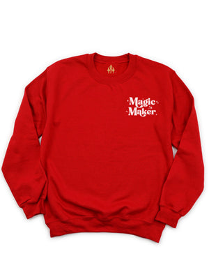 Long sleeve red unisex adult sweatshirt that says Magic Maker in white retro wording