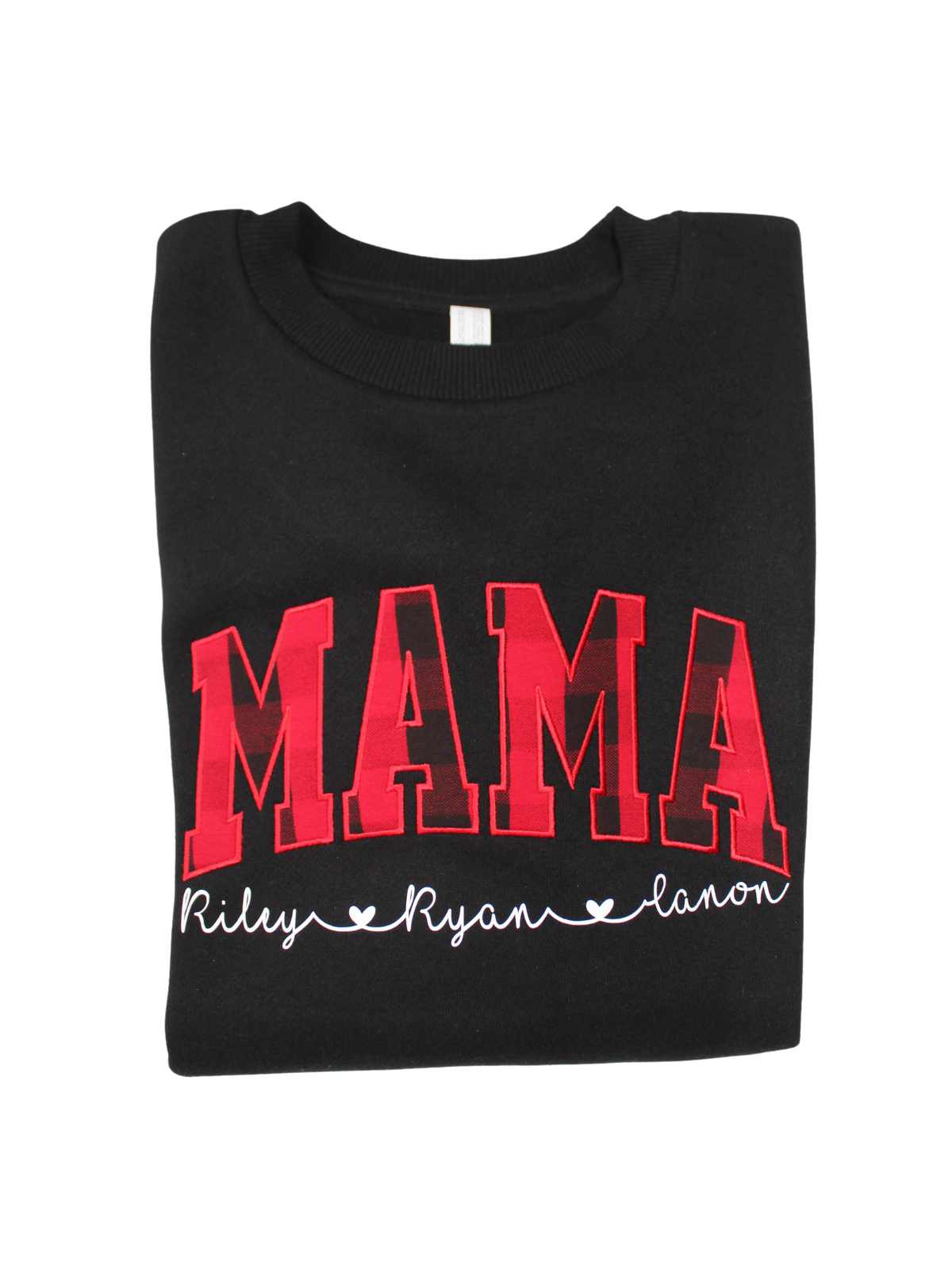 Personalized MAMA sweatshirt in buffalo plaid print with kids names