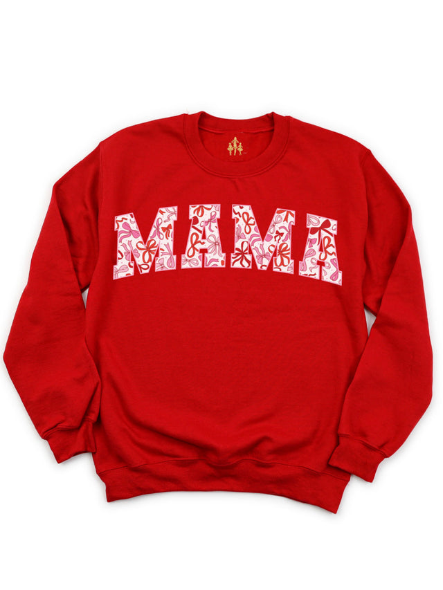 Red "Mama" Valentine’s Day sweatshirt featuring a pink and red coquette bows design, displayed flat on a white background.