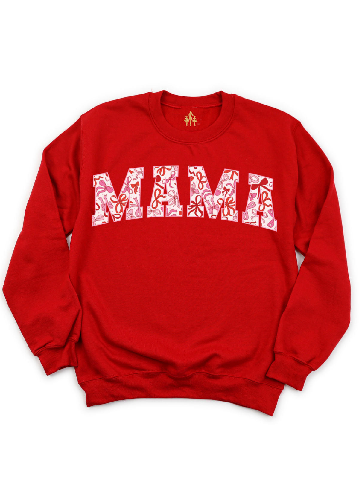 Red "Mama" and "Mini" matching Valentine’s Day sweatshirts featuring pink and red coquette bows design, displayed flat on a white background. Perfect for mommy and me outfits.
