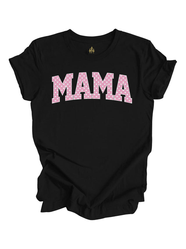 Black Valentine's Day Mama t-shirt with pink hearts varsity design for women.