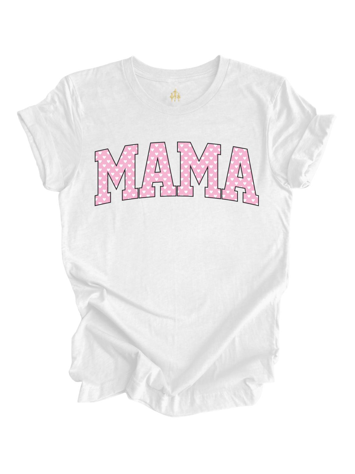 Black Valentine's Day Mama t-shirt with pink hearts varsity design for women.