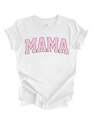 Women's Mama Valentine's Day shirt in white with pink hearts varsity design.