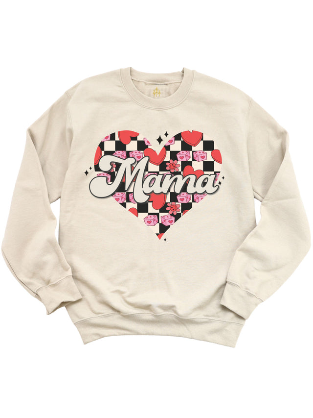 Sand-colored "Mama" Valentine’s Day sweatshirt featuring a checkered heart design with red hearts, pink dice, and flowers, displayed flat on a white background.