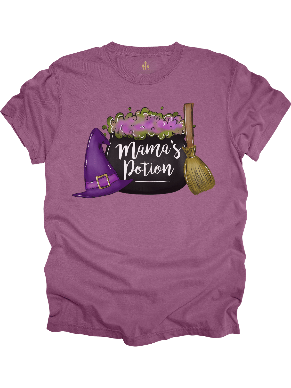 Mama’s Potion Witch Shirt in berry pink with cauldron, hat, and broom graphic