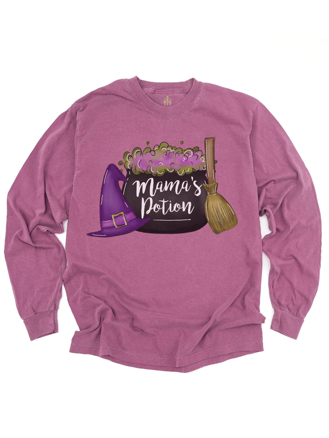 Mama’s Potion Witch Shirt in berry pink with cauldron, hat, and broom graphic