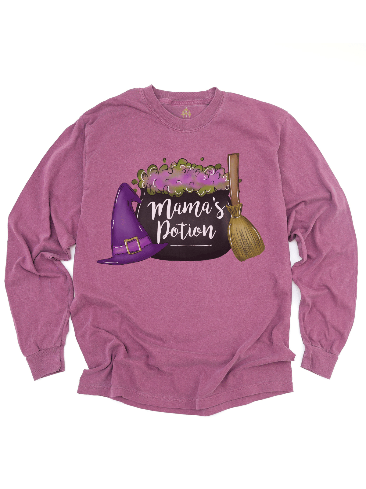 Mama’s Potion Witch Shirt in berry pink with cauldron, hat, and broom graphic