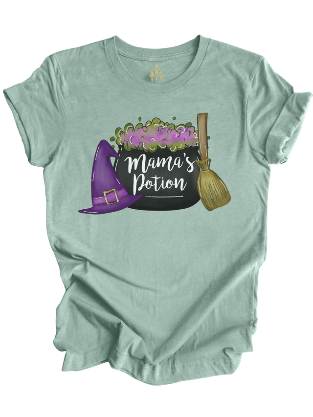Mama’s Potion adult Halloween shirt in dusty blue with witch hat, broom, and bubbling cauldron