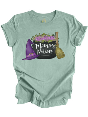 Mama’s Potion adult Halloween shirt in dusty blue with witch hat, broom, and bubbling cauldron