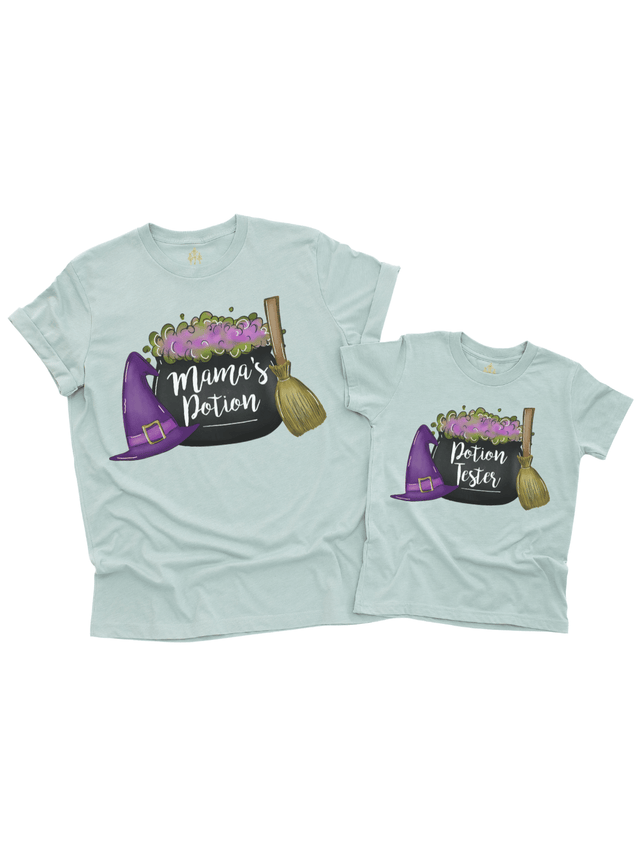 Dusty blue mommy and me Halloween shirts with Mama’s Potion and Potion Tester designs