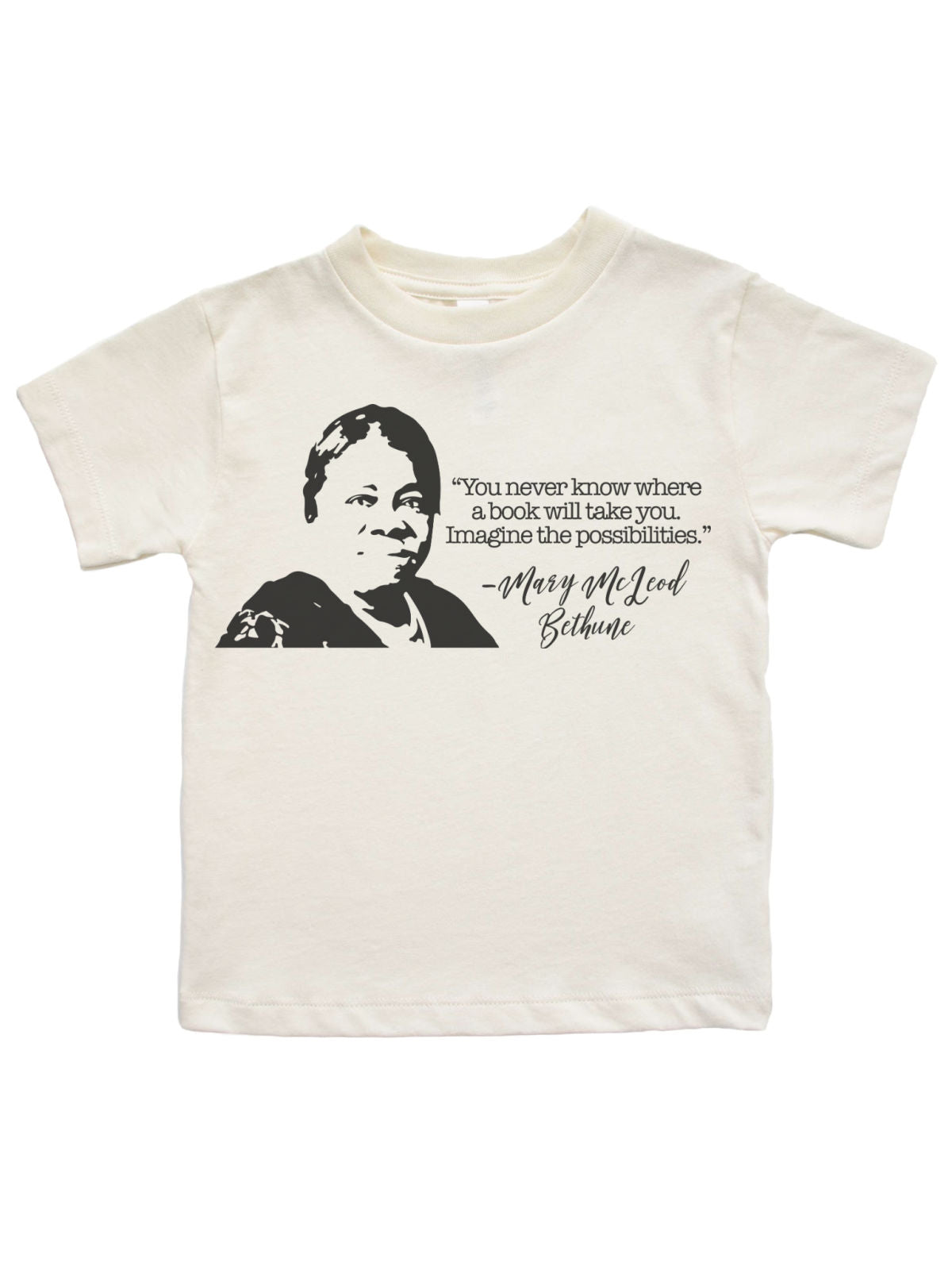 Natural-colored long sleeve kids’ Mary McLeod Bethune shirt with her image and a motivational quote, encouraging young readers.
