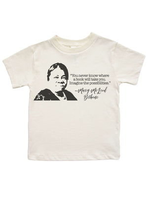 Natural-colored kids’ Mary McLeod Bethune t-shirt featuring her portrait and an inspiring quote about education.