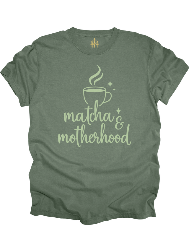 Moss green Matcha and Motherhood t-shirt with matcha mug graphic for moms