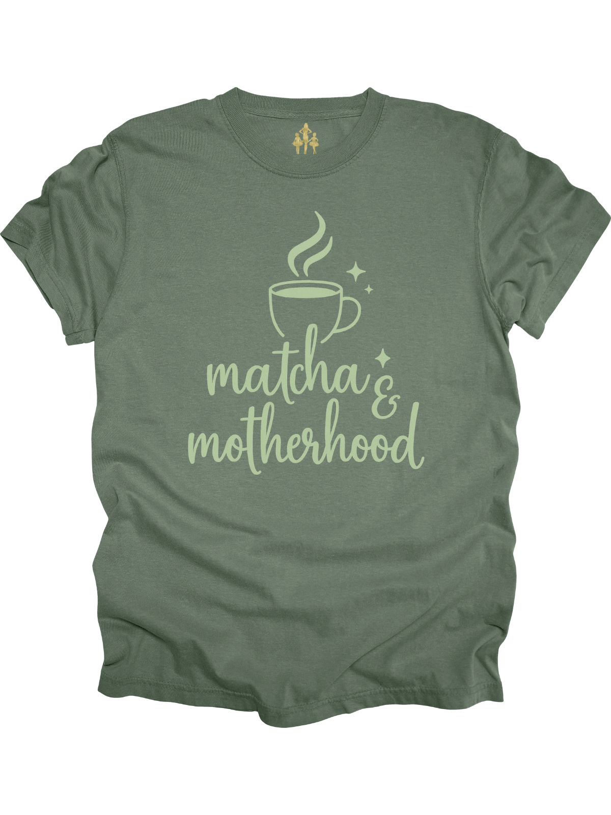 Moss green Matcha and Motherhood t-shirt with matcha mug graphic for moms