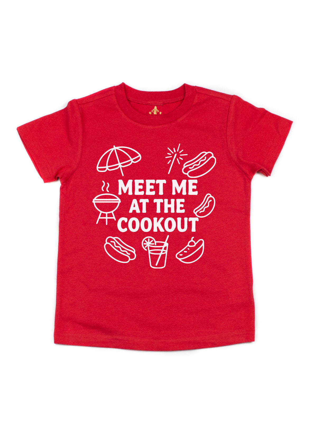 Red kids t-shirt with “Meet Me at the Cookout” text and summer BBQ graphics including grill, umbrella, hot dogs, sparkler, drink, and watermelon

