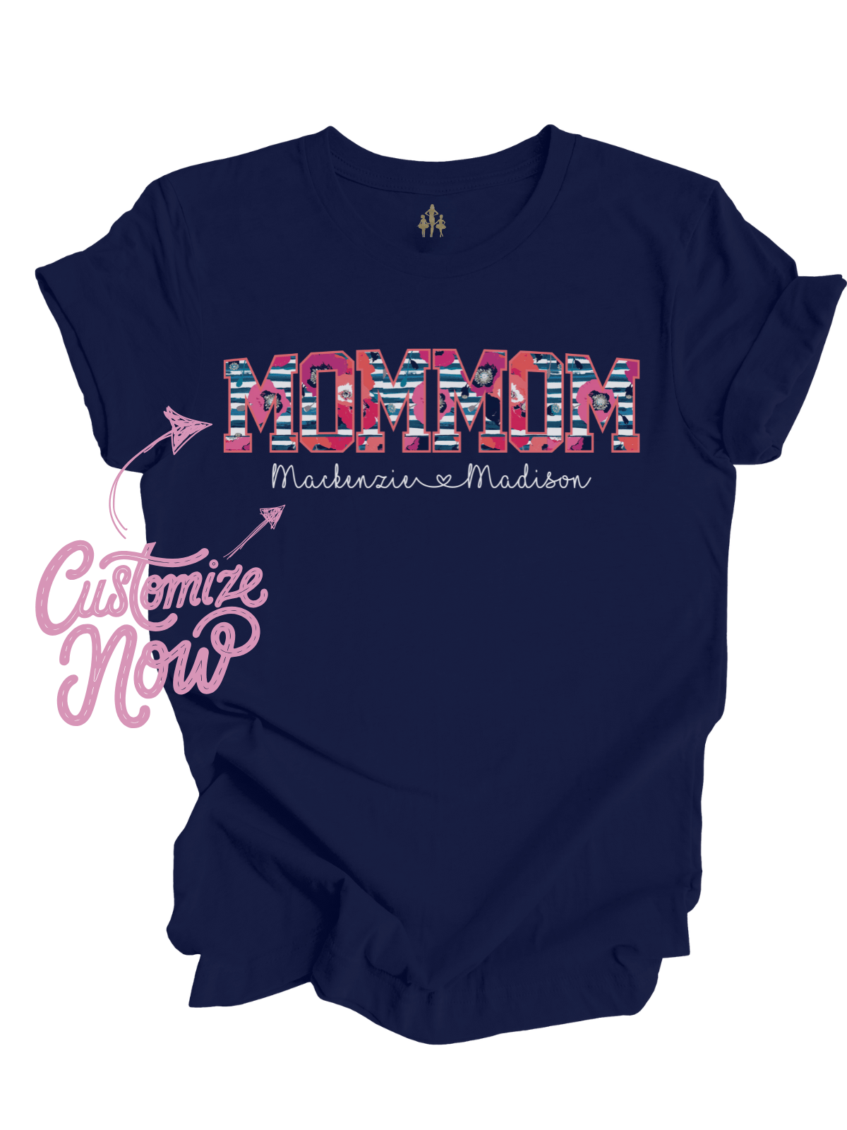 Flowers & Stripes Personalized Mama Shirt - Navy Blue