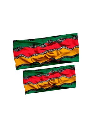 Mommy and Me headband set in Freedom design with red, green, and yellow pattern