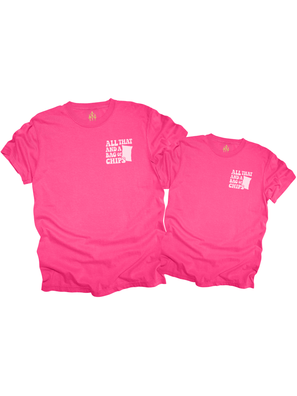 Matching pink mommy and me retro t-shirts with “All That and a Bag of Chips” 90s design