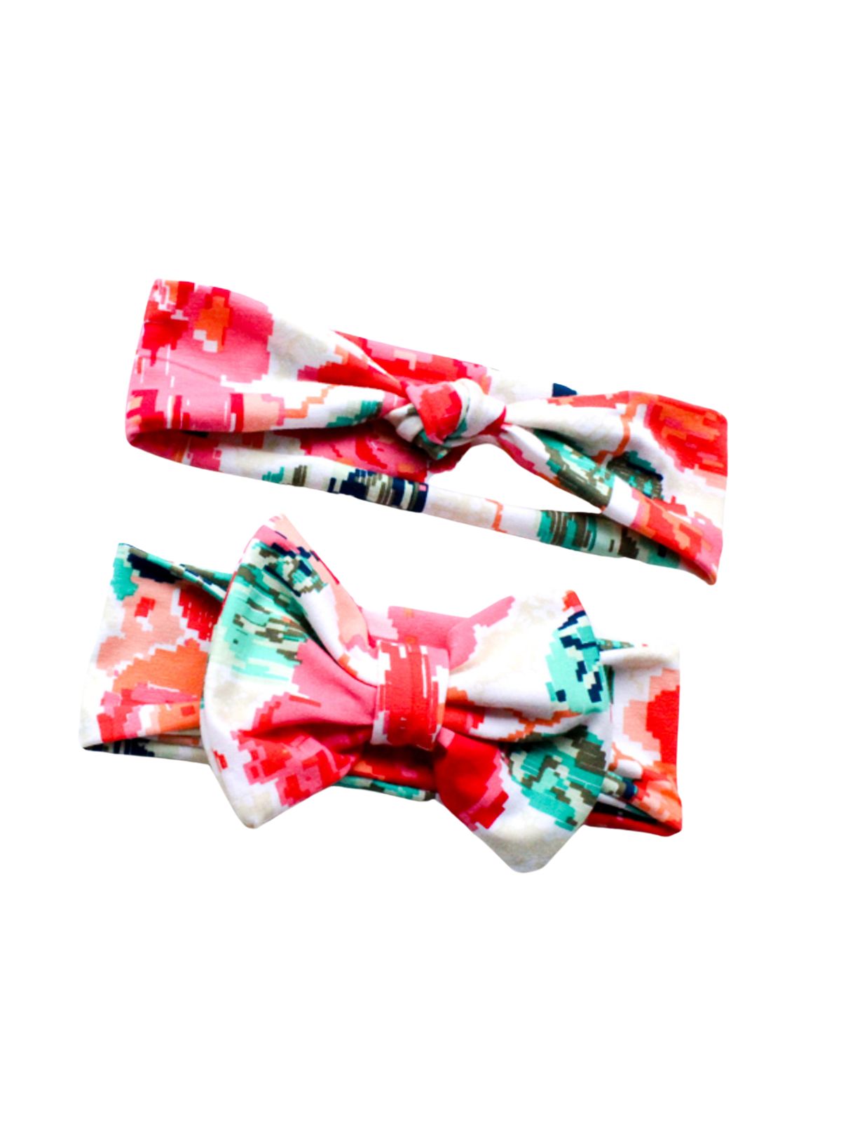 Matching mommy and me coral floral bow headbands with pixelated rose print in pink, green, and cream