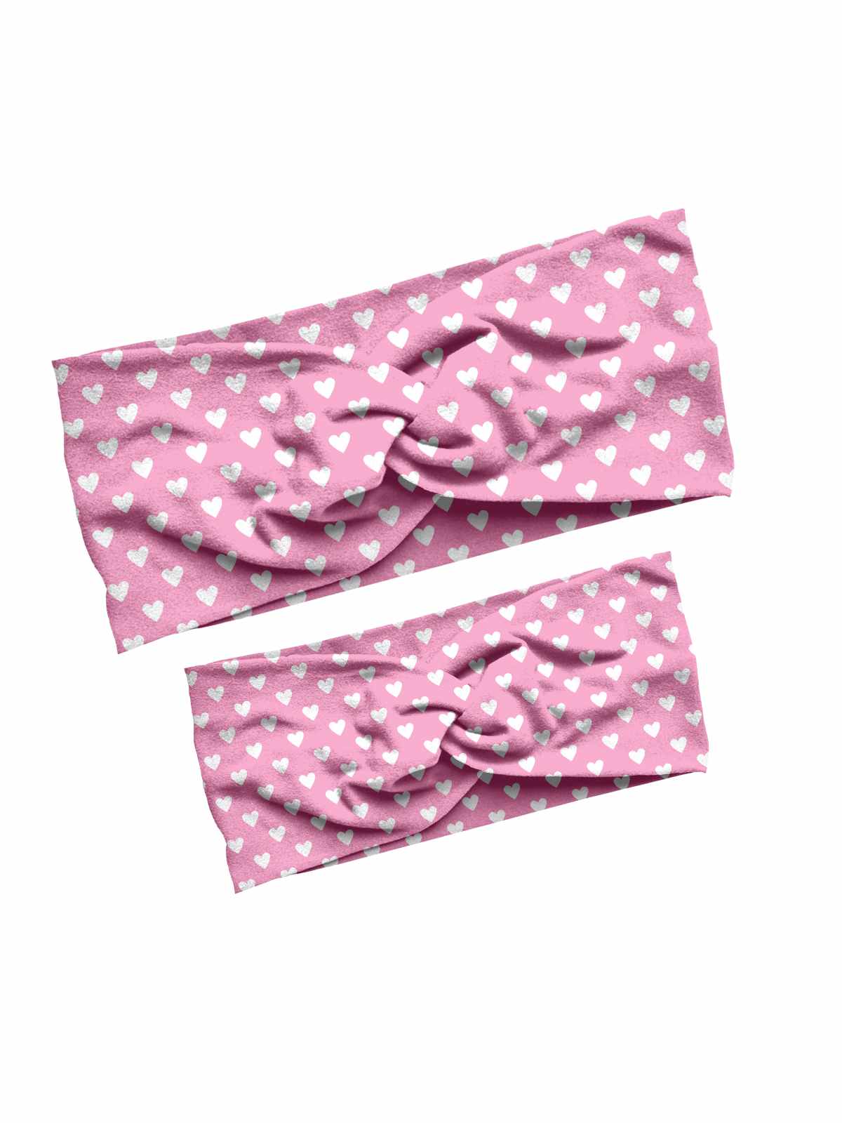 Mommy and me pink and white hearts matching headband set, handmade with custom double brushed poly fabric for Valentine's Day.