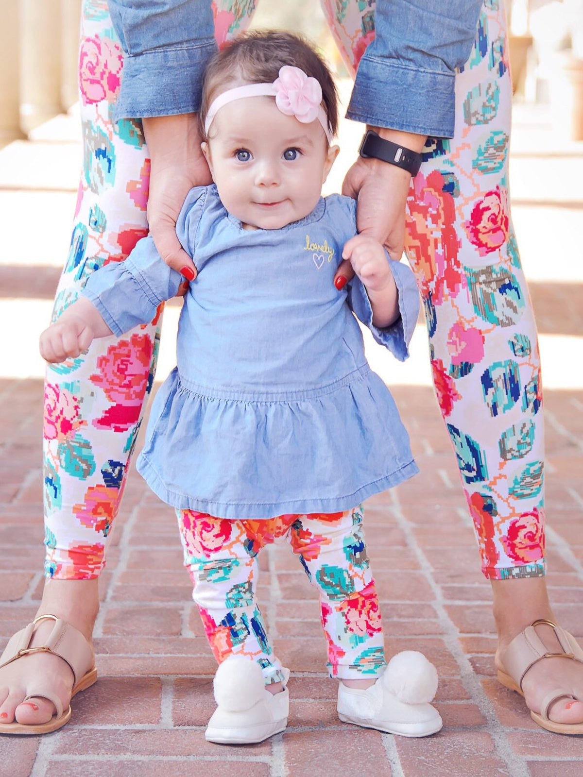 Girls' handmade coral floral cotton leggings with elastic waistband for Mommy and Me outfit