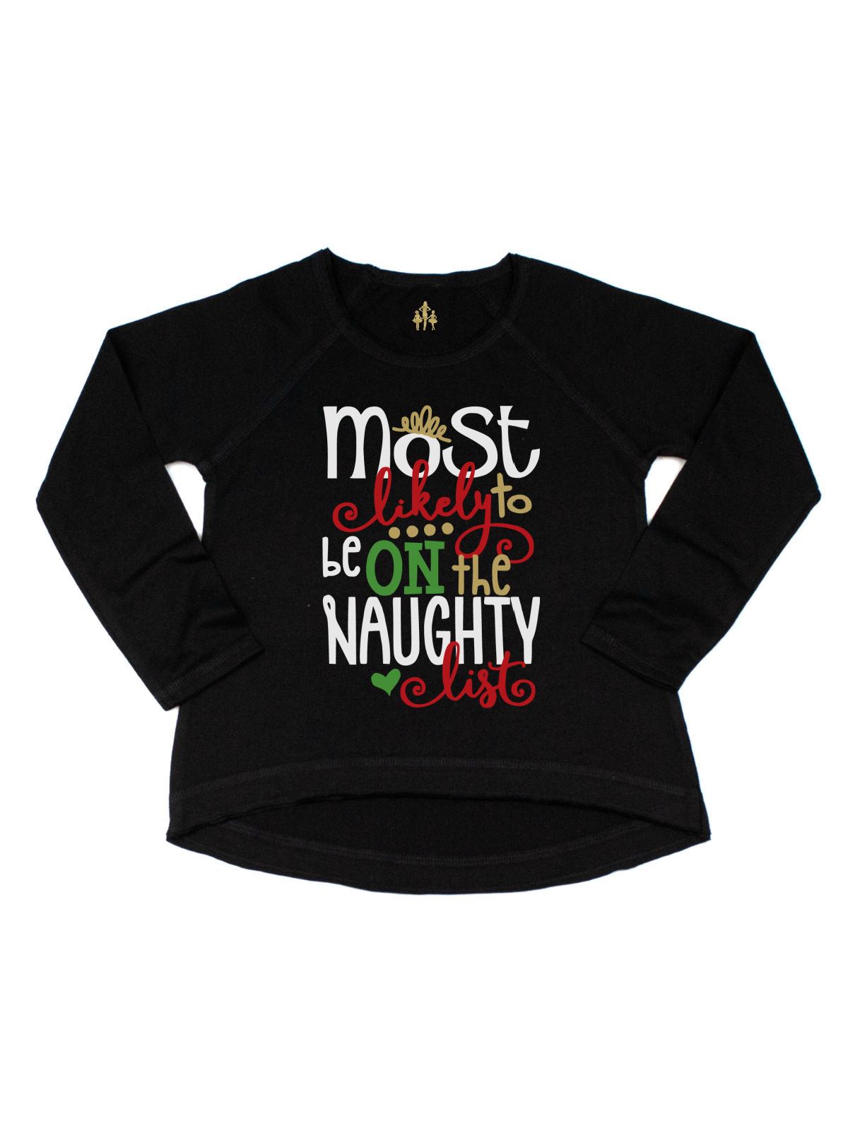 Black long sleeve girls Most Likely to be on the Naughty List Christmas shirt