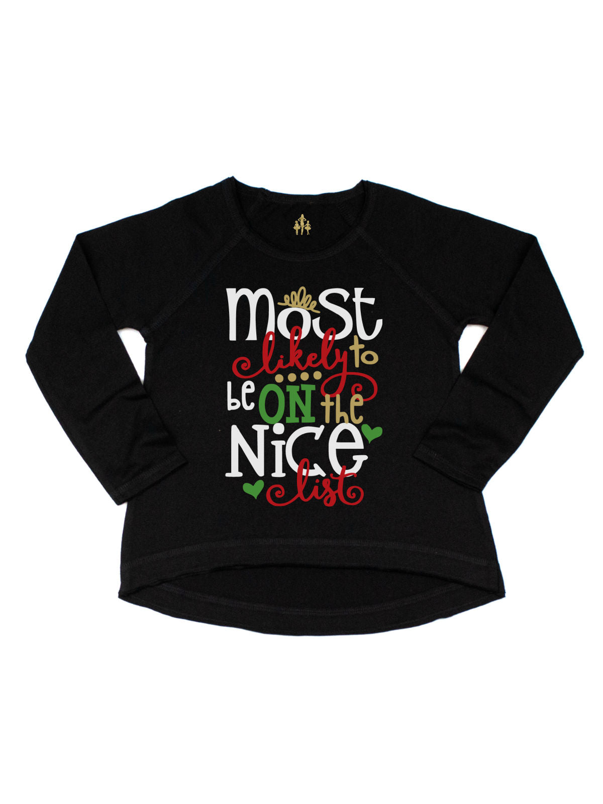 Long sleeve black kids Christmas shirt that reads Most Likely to be on the Nice list