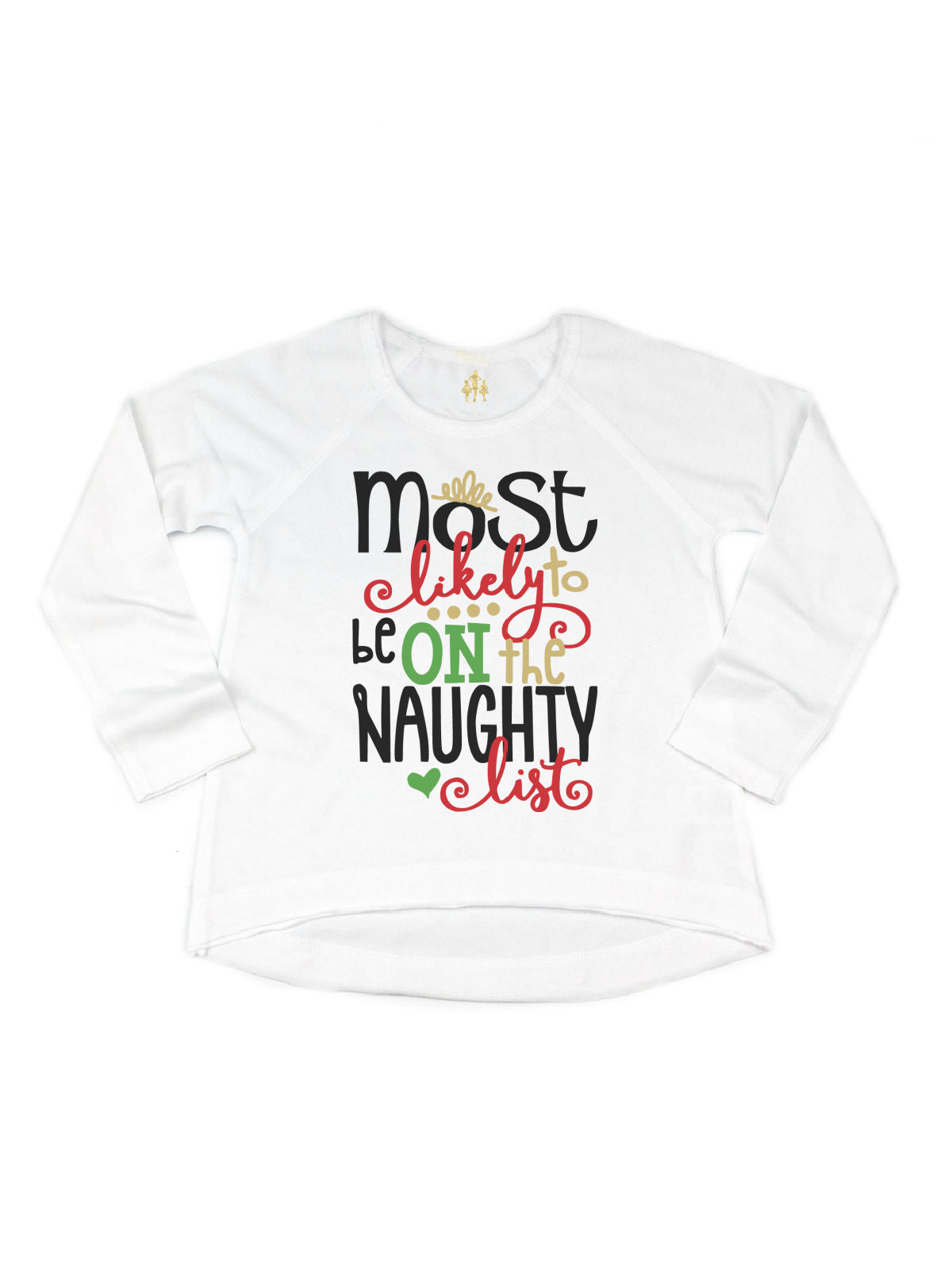 Long sleeve white kids Most Likely to be on the Naughty List Christmas shirt