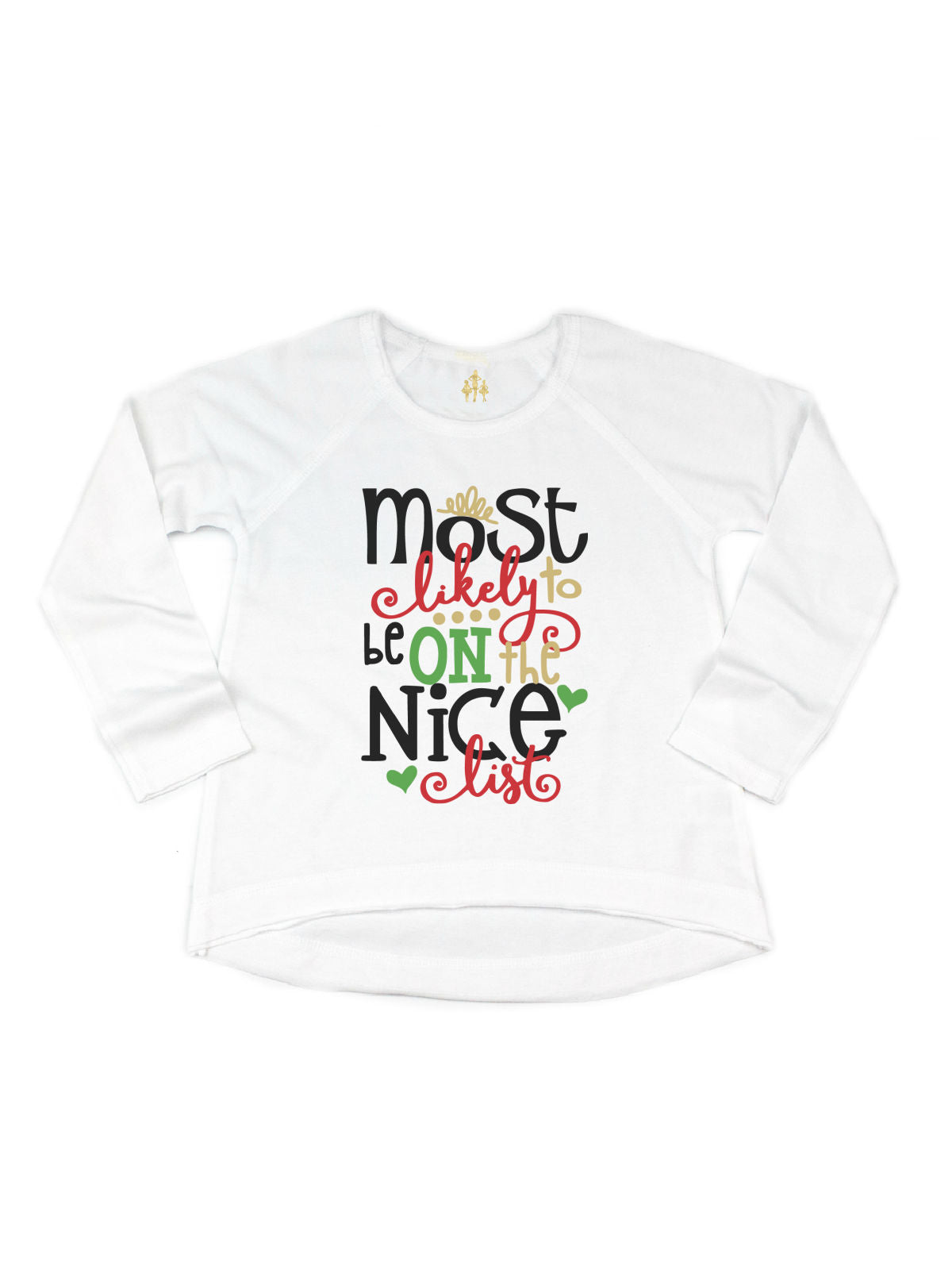 Long sleeve white kids Christmas shirt that reads Most Likely to be on the Nice list