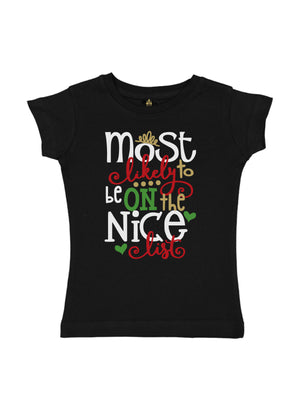 Long sleeve black kids Christmas shirt that reads Most Likely to be on the Nice list