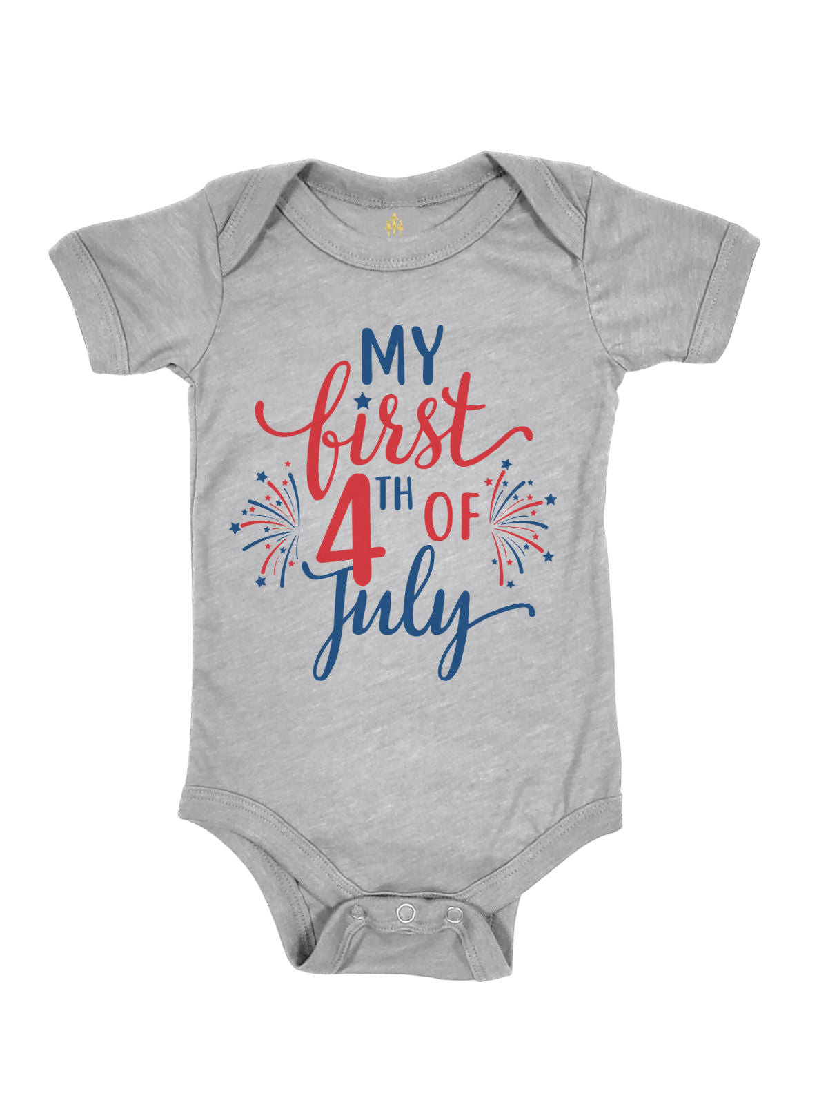 Heather gray infant bodysuit with red, white, and blue “My First 4th of July” text and fireworks graphic