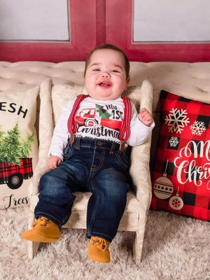 Baby Boy wearing my first Christmas bodysuit