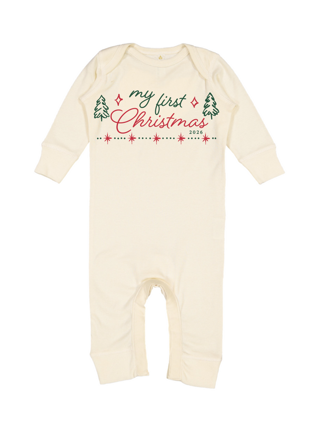 An off-white long-sleeve baby bodysuit with a festive graphic on the chest reading 'my first Christmas 2024' in green and red script, flanked by two small green pine trees.