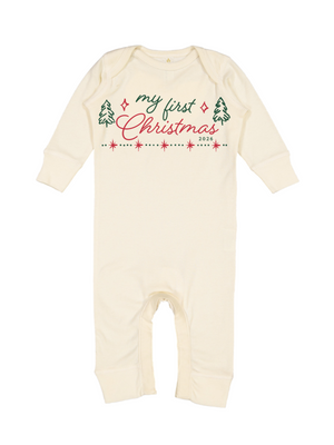 An off-white long-sleeve baby bodysuit with a festive graphic on the chest reading 'my first Christmas 2024' in green and red script, flanked by two small green pine trees.