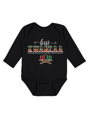 long sleeve black infant bodysuit with first Kwanzaa African print design